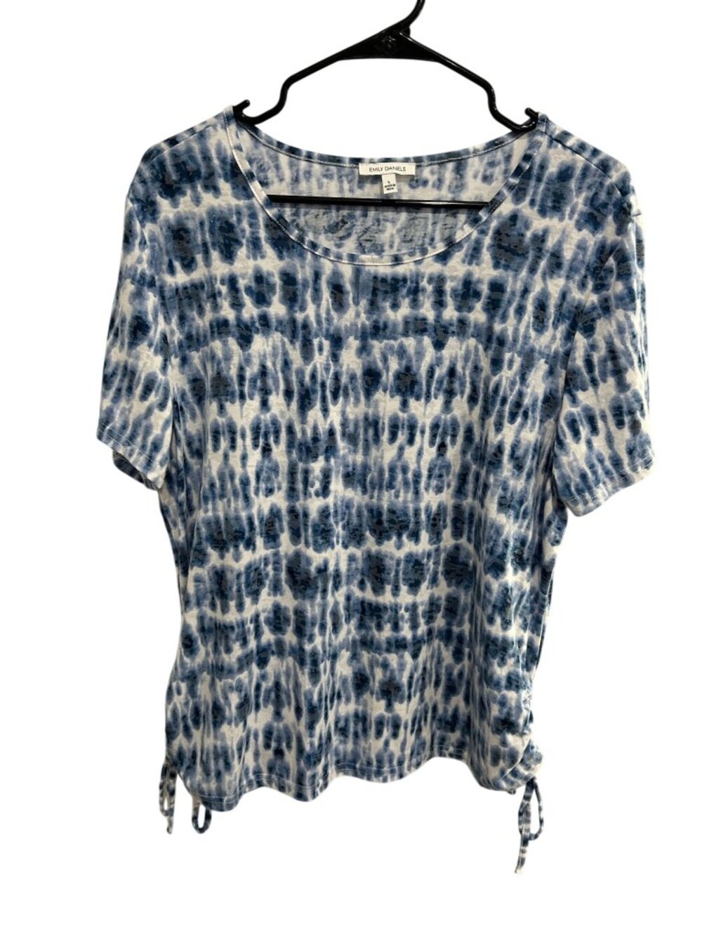 Emily Daniels Blue White Tie-Dye Scoop Neck Ruched Top Sz L Bohemian Naturecore